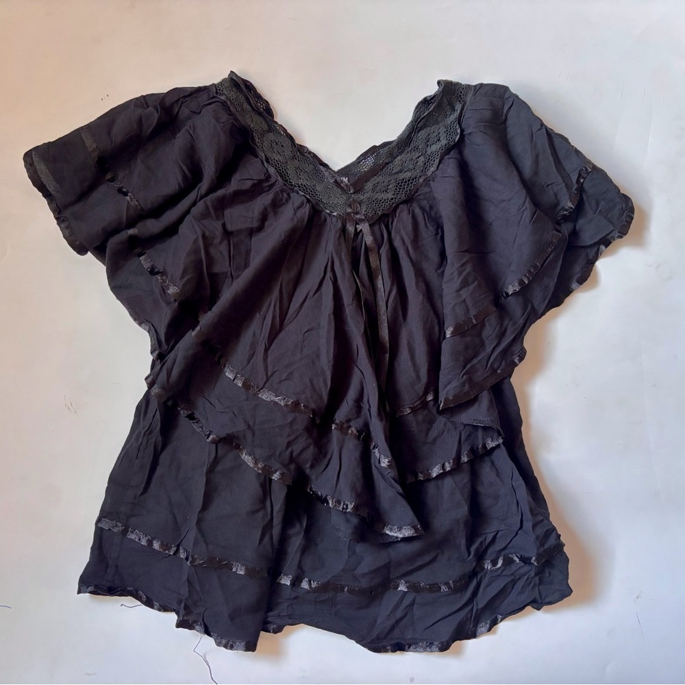 Vintage Helium Black Ruffle Peasant Top